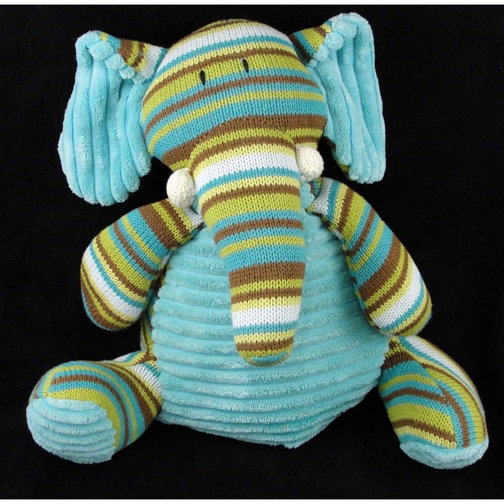 Pier 1 Imports Elephant Plush Knit Chenille Teal Striped 12 Inch Stuffed Animal
